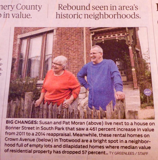 Here's a photo of the cover of today's Dayton Daily News. The Story features Historic South Park and the revaluation of property values in the neighborhood. Photo by Ty Greenless. Full Story at http://www.daytondailynews.com/news/business/economy/plummeting-values/nhbc3/